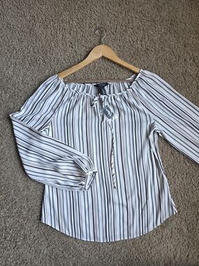 White Striped Off-Shoulder Blouse with Tie Neck By White House Black Market.